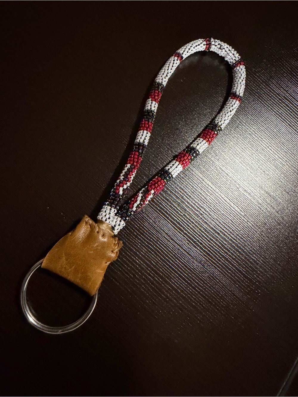 Beaded Wrist Keychain - Red, White & Black with Tan Leather Accent